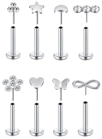 WillTen 8er Set Tragus Piercing mit Cubic Zirkonia, 16G 8mm Chirurgenstahl - Piercing Schmuck für Frauen & Mädchen