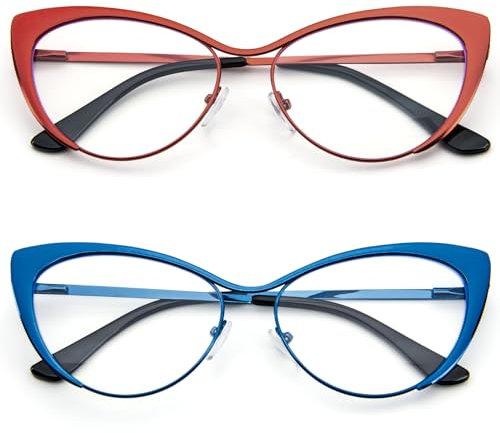 KoKoBin Occhiali da lettura a occhi di gatto - Confezione Da 2 occhiali con montatura in metallo e cerniera a molla con custodia in pelle per uomini e donne (2 confezioni (blu rosso), 2.5)
