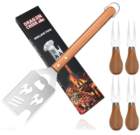 7-in-1 Grillspachtel für Barbecue Grill mit 4 Stück Gabel, 42cm Grillwender Grillbesteck, Multifunktion Grill Zubehör Grillwerkzeug Geschenke für Männer