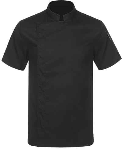 Runhomal Unisexe Veste de Chef Cuisinier Manches Courtes Homme Femme Blouse Cuisine Professionnel Hôtel Restaurant Bar Travail - Taille Petit Attention F Noir M
