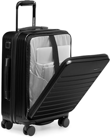 Traveler's Choice Mykel 22-Inch Black Carry-On Suitcase with Polycarbonate Hardshell, Laptop Sleeve, Charging System & Spinner Wheels