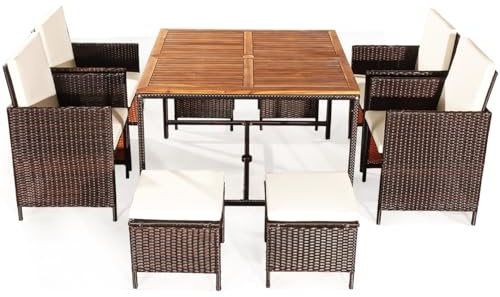 LIFEZEAL Juego de Muebles de jardín de 9 Piezas, Juego de Comedor de poliratán con Cojines de Asiento, Comedor de ratán con 4 sillones y 4 taburetes, Conjunto de Asiento de balcón para 4-8 Personas