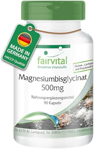 fairvital Bisglycinate de magnésium 500mg, 90 gélules, avec 200mg de magnésium par dose quotidienne, qualité contrôlée et hautement dosé, 100% végétalien, fabriqué en Allemagne