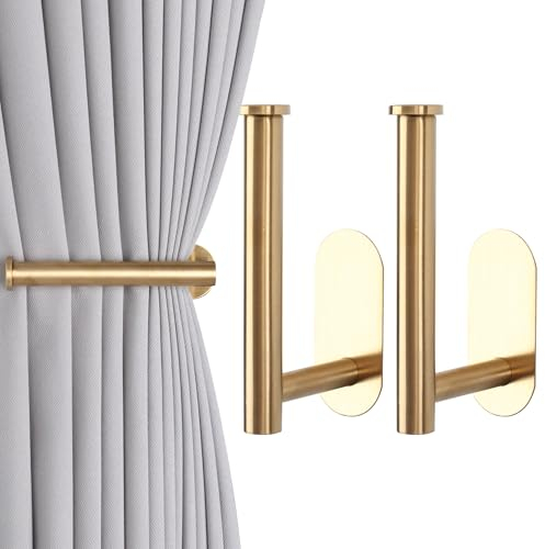 OCIOLI Adhesive Curtain Holdbacks - 2 Pack No Drill Tie Backs Hooks for Drapes, Damage-Free Wall Mounted Curtain Holders with Strong Reusable Adhesive (2, Gold)