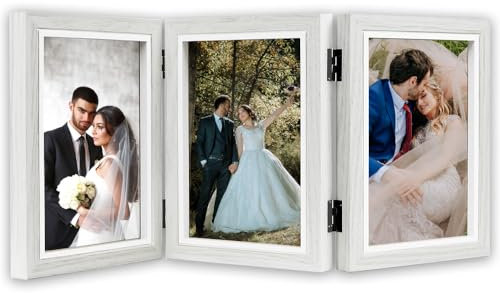 Trifold Photo Frame, 6x4 inches 3 Photos Collage Frame Hinged Triple Foldable Frames with Acrylic Plate for Wedding Family Tabletop Desk Display(White)