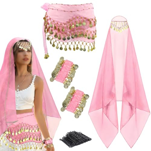 4 Pcs Belly Dance Outfit Sets, Belly Dance Chiffon Hip Scarf with Coins, Gypsy Head Scarf with Coins, 2 Coin Wrist Bracelet, 50 Pcs Bobby Pins, for Women Girls Birthday Rave Costume Accessory