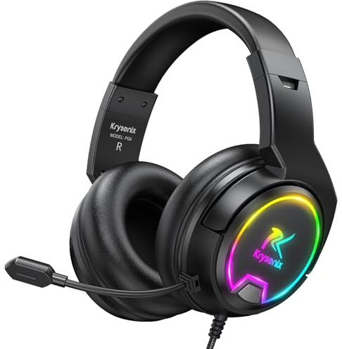 Krysenix PG4 Wired Gaming Headset für PS4, PS5, PC, Xbox, Switch, Gaming Kopfhörer mit Noise Cancelling Mikrofon, 3.5mm Klinke, Surround Sound, Headset mit LED Licht, Tintenschwarz