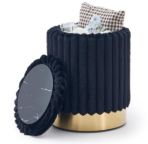 Mxfurhawa Storage Ottoman,Metal Base Vanity Stool Chair,Modern Round Footstool with Soft Padded Seat,Multipurpose Sofa Table or Plant Stand for Hallway,Living Room and Lounge (Black-Striped Fabric)