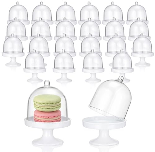 Acellegic 24 Pack 3.15 x 1.97 Inch Mini Cake Stand with Lids Dessert Domes Chocolate Candy Cupcake Containers Plastic Dessert Display Plate for Birthday, Easter, Wedding, and Tea Party Supplies
