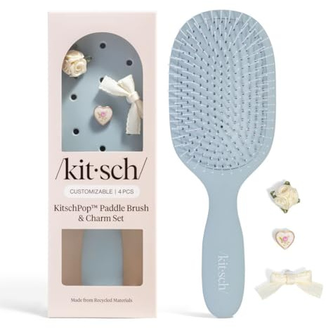 KitschPop™ Paddle Hairbrush for Women – Flexible Bristles Paddle Brush for Less Breakage, Scalp-Stimulating Detangler Hair Brush for Wet & Dry Hair, Customizable with KitschPop™ Charms - Haze Blue