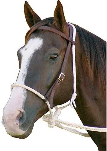 Mustang Breaking Hackamore Zaumzeug für Pferde, langlebig, gebisslos, mit 1,2 cm Seil-Nasenriemen, 1,9 cm Kopfstütze und flach geflochtenen Zügeln