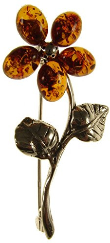 BALTIC AMBER AND STERLING SILVER 925 DESIGNER COGNAC FLOWER BROOCH PIN JEWELLERY JEWELRY