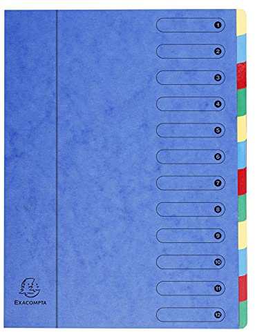 Exacompta 5112E Premium Ordnungsmappe aus extra starkem Colorspan-Karton DIN A4 12 vollfarbige bunte Fächer mit Organisationsdruck und dehnbarem Rücken Ringmappe Register-Mappe blau