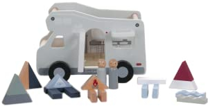 EverEarth Kinder Camping Van mit Bauklötzen und Spielfiguren aus Holz - Kinder Campingbus Caravan für Jungen und Mädchen - Spielauto Bulli Set geeignet für Geschenk - Wohnmobil Spielzeugautos EE33904