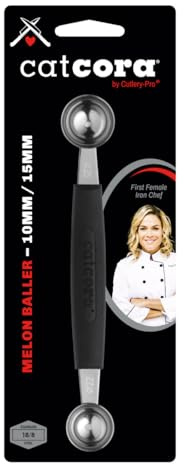 Cat Cora Melon Baller, Professional 18/8 Stainless Steel Dual Blades 10/15-Millimeter for Melon Balls and Garnishes, Ergonomic Soft-Grip Handle