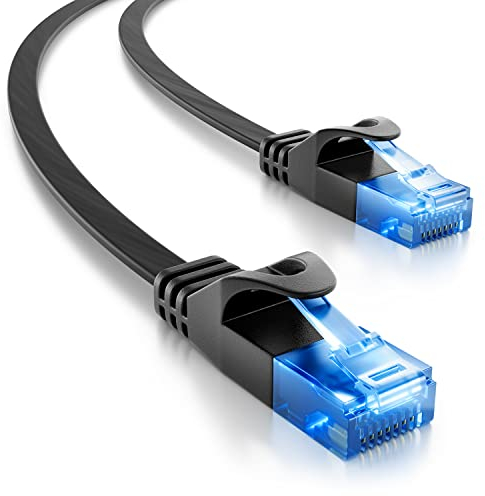 deleyCON 10m Cable de Red Plano CAT6 1000Mbit Gigabit LAN - Cat 6 RJ45 Ethernet Cable de Conexión Cable de Instalación Plano - para Internet Switch Router Modem Patch Panel - Negro