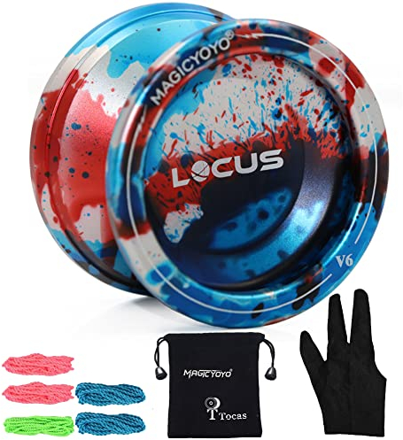 MAGICYOYO V6 JoJo Profi JoJo für Kinder Anfänger, Responsive Jojos für Erwachsene, Magic Yoyo V6 Locus Metall Jo-Jo Ball mit Yo-yo Handschuh+ Tasche+ 5 Jo-jos Saiten, Rot& Blau& Silber