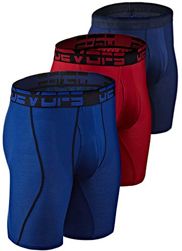 DEVOPS Men's Perfomance Cool Dry Mesh Underwear Boxer Trunk 9-inch Brief (3 Pack) (Large, Navy-Blue-Red)