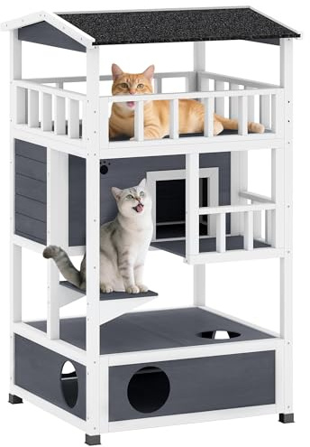 Pawhut Casa para gatos de madera de abeto con gran espacio de 4 niveles y espacio extraíble para arena, 78 x 76 x 140 cm, gris y blanco