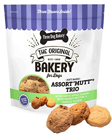 Three Dog Bakery Assort Mutt Trio, 48oz – Delicious Dog Treats with Oats, Apple, Peanut Butter & Vanilla, Premium Dog Training Treats, Puppy Treats