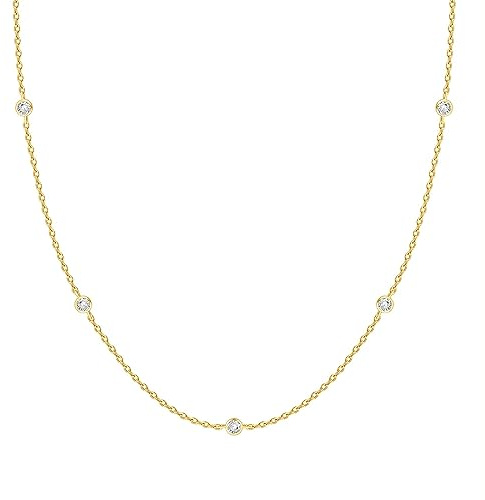 PAVOI 14K Yellow Gold Plated Station Chain Necklaces for Women - Dainty Simulated Diamond Necklace - Layering Cubic Zirconia Chain