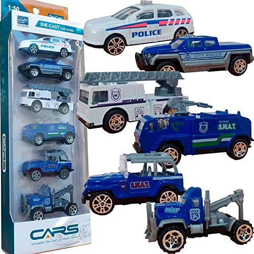 Auto della Polizia per Bambini di età Compresa tra 3, 4, 5, 6 Anni, Auto della Polizia in Metallo, Set di 6 Piccoli Veicoli di Polizia per Bambini, Camion della Polizia e Auto per Regali di Compleanno