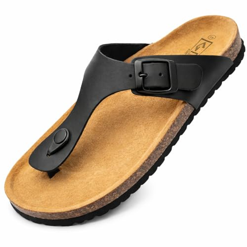 GONKOS® lädersandaler, anatomisk kork-innersula, äkta läder, naturkork, justerbart spänne, unisex tåsandaler, kvalitetssandaler tillverkade i Spanien, färg svart storlek 42