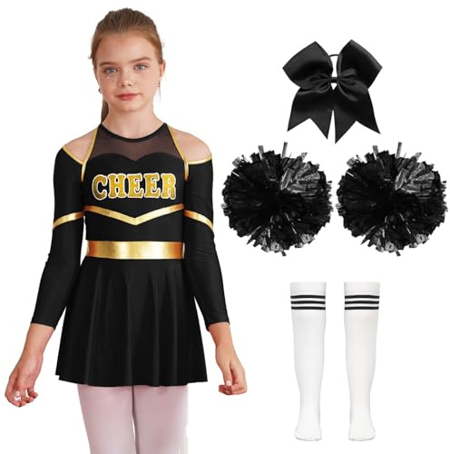 Alvivi Costume Pompom Girl Enfant Fille Robe De Danse Cheerleading Uniforme Pompom Girl Tenue Danse Compétition Spectacle Carnaval Halloween Blanc et Noir 13-14 ans