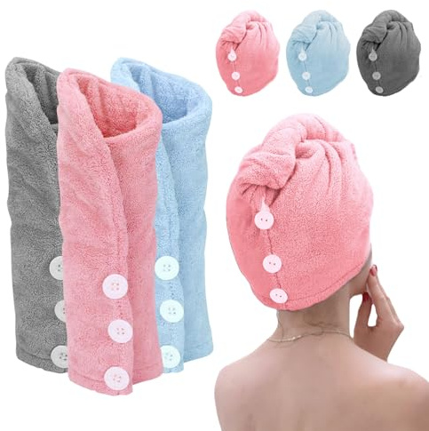 Xkzhrr 3-teiliges Handtuch, Haarhandtuch mit Knopfdesign, Mikrofaser-Handtuch zum Trocknen, (Grau, Rosa und Hellblau)