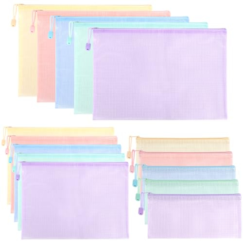 Mutsitaz 15 Pièces Pochette Plastique A4+A5+A6, Pochette Zippée, PVC Transparentes Document Dossier pour Bureau Fournitures, Voyage, Fournitures, Maison, 5 Couleurs