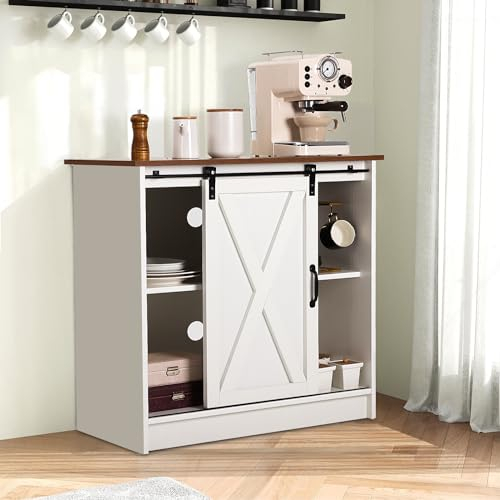 COSYSUPER White Coffee Bar Cabinet with Storage, Farmhouse Coffee Bar