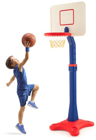 HOMASIS Canasta de Baloncesto con Soporte para niños, Aro de Baloncesto Infantil de Altura Regulable, Tablero de Baloncesto con Base para Interiores, Exteriores y Niños 3-8 años, 85x65x160-216cm