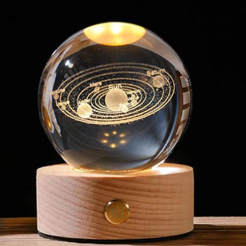Azazaza Luz nocturna de bola de cristal 3D, sistema solar de 8 cm, base de madera, USB, táctil, lámpara de noche de fantasía para dormitorio, regalo para niños