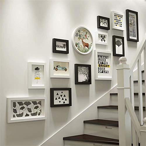 Massivholz Fotorahmen Collage Set 13 Stück Wandmontage Bilderrahmen für Treppen Kreativer Hintergrund Wanddekoration Schwarz und Weiß XXS8144