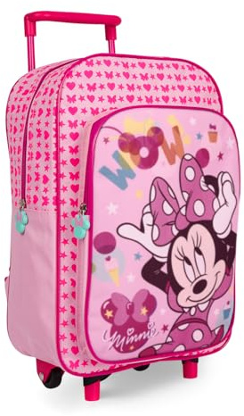 PERLETTI Minnie Kinderrucksack Mädchen 3 4 5 6 Jahre - Rosa Pink Kindergartenrucksack mit 2 Rollen und Fronttasche - Kleinkind Rollrucksack Trolley Kindergarten mit Minni Maus - 36x25x12 cm
