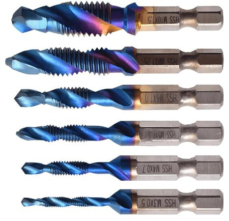 Yuiturt 6pcs Thread Tap Drill Bits, Self Centering Drill Bit, Durable Titanium Coated HSS Tapping/Drilling Tool Set, Drilling Hand Tools, M3 M4 M5 M6 M8 M10 Metric, 1/4 Hex Shank, Fluted Screw Thread