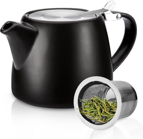 PORFOYO Théière avec infuseur à thé en céramique 500 ml avec infuseur amovible en acier inoxydable et céramique - Infuseur à mailles fines - Porcelaine pour profiter plus longtemps du thé (noir)