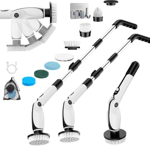 Electric Cleaning Brush, Scrub Buddy with 4 Adjustable Angles, 7 Brush Heads, 3 Length Options, 90 Min Runtime, 2 Speed Modes, for Bathroom, Floor, Kitchen, Car