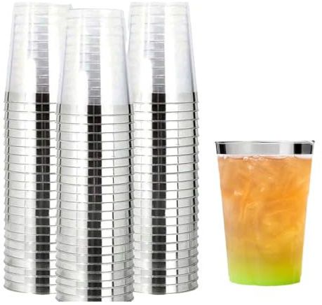 Yuedefly 50 pcs Plastic Tumbler Cups, 10 OZ Clear Tumblers with Silvery Rim,Reusable Elegant Party Cups for Cocktail, Champagne, Beer, Martini, Dessert