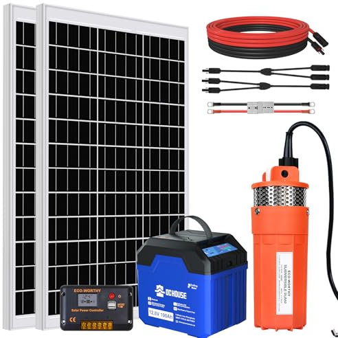 DCHOUSE Solar-Brunnenpumpen-Set mit Batterie Backup, 12V Solar Wasserpumpe + 2 * 120W Solarpanel-Set + 100AH Bluetooth Batterie + 20A Controller für Brunnen, Bewässerung, Wassertank füllen