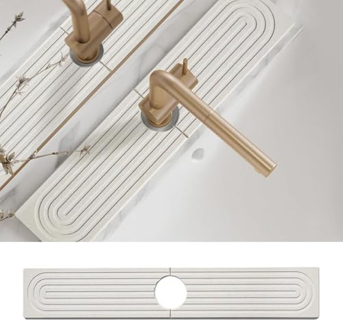 AOWVUTS Alfombrilla de Grifo para Fregadero Cocina, 60x10cm Protector Salpicaduras de Diatomea, Protector Contra Mueble Fregadero Absorbente para Encimeras y Baños Mango de Grifo Alrededor (Blanco)