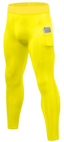 Yuerlian Golden Yellow Men’s Running Leggings Compression Gym Workout Tights Quick Dry Athletic Base Layer Pants for Sports Training Soccer with Pockets