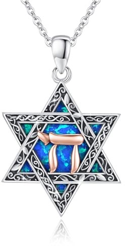 ABIGY Cadena de estrella de David, plata de ley 925, hebreo, chai (vida), ópalo colgante hexagrama estrella de David, cadena judía, amuleto, joyas regalos para hombres y mujeres, 23mm, Plata esterlina