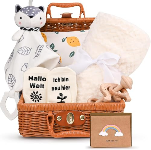 Nyfödd gåva, 7-i-1 baby presentset för pojkar flickor: babyfilt, gos-duk, träskallra med elefant, haklapp, strumpor i presentförpackning för babykalas, idé-beige