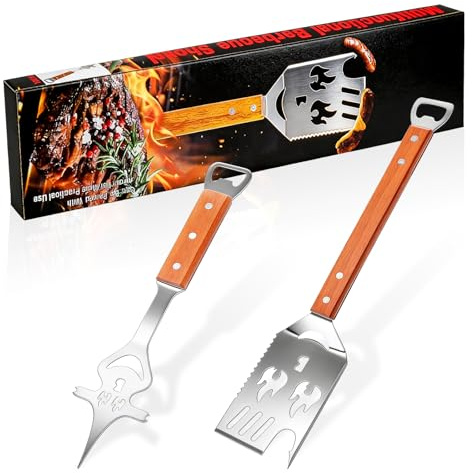 2 stycken grillverktyg 8 i 1 grilltillbehör grillbestick med trähandtag rostfritt stål grilltillbehör grillning presenter för män grillfans pappa födelsedagspresent