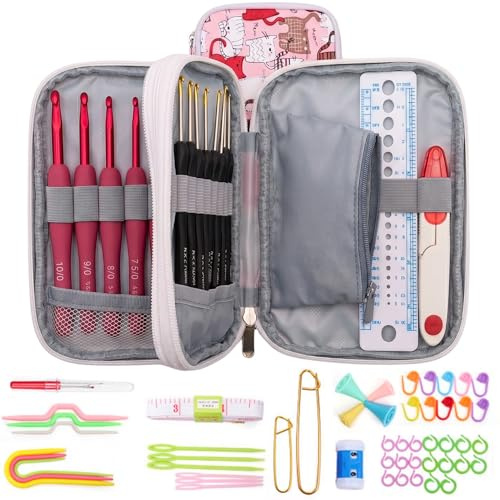 moem&an Agujas Crochet Ergonómicas Set Completo Profesional + Guia Descargable QR - 17 Agujas Crochet 1-6mm, Estuche Impermeable Ordenado y Accesorios para Principiantes y Expertos