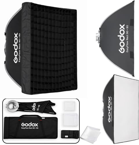 GODOX Softbox Godox EazyFlow Rect - Softbox cuadrado de 90 x 90 cm, modificador portátil de plegado rápido con rejilla, soporte Bowens de metal completo para flash de estudio y luz de video LED