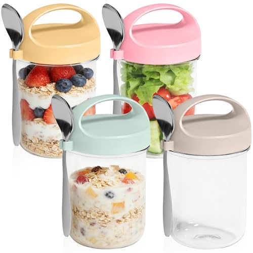 4 Overnight Oats Jars with Leakproof Lid & Spoon,430ml Airtight Oatmeal Storage Container, Mason Jar with Measurement Marks,Reusable Glass Breakfast Pots for Milk, Fruit, Pudding,Yogurt,Salad,Porridge