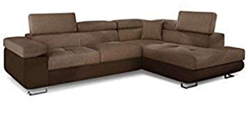 Menzzo Canapé d’Angle Convertible ANTONI avec têtières relevables – Angle Droit – Simili Marron et Tissu Marron – Canapé lit Design Moderne