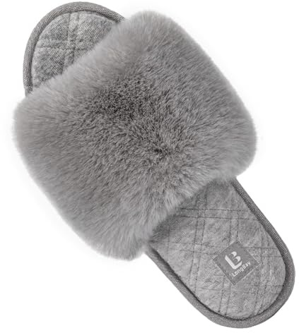 LongBay Women's Open Toe Slippers Fuzzy Fluffy Memory Foam Comfy Slip On Indoor Bedroom Home Slide (Medium / 7-8, Gray)